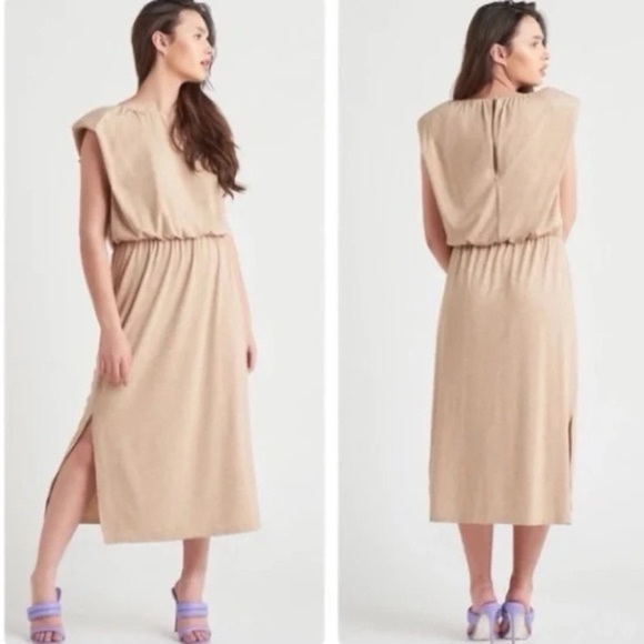 WAYF Tan knit cap sleeve elastic waist midi dress size M - Picture 1 of 16